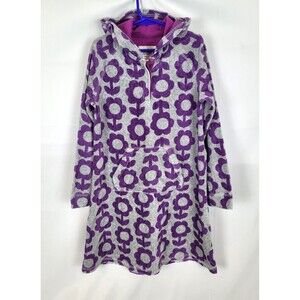 Mini Boden Velour Hooded Dress Girls 9 10 Gray Purple Flowers